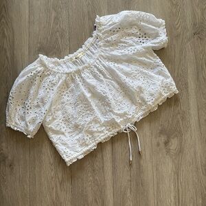 Oliviaceous Eyelet Shirt Sleeve Smocked Crop Blouse Top